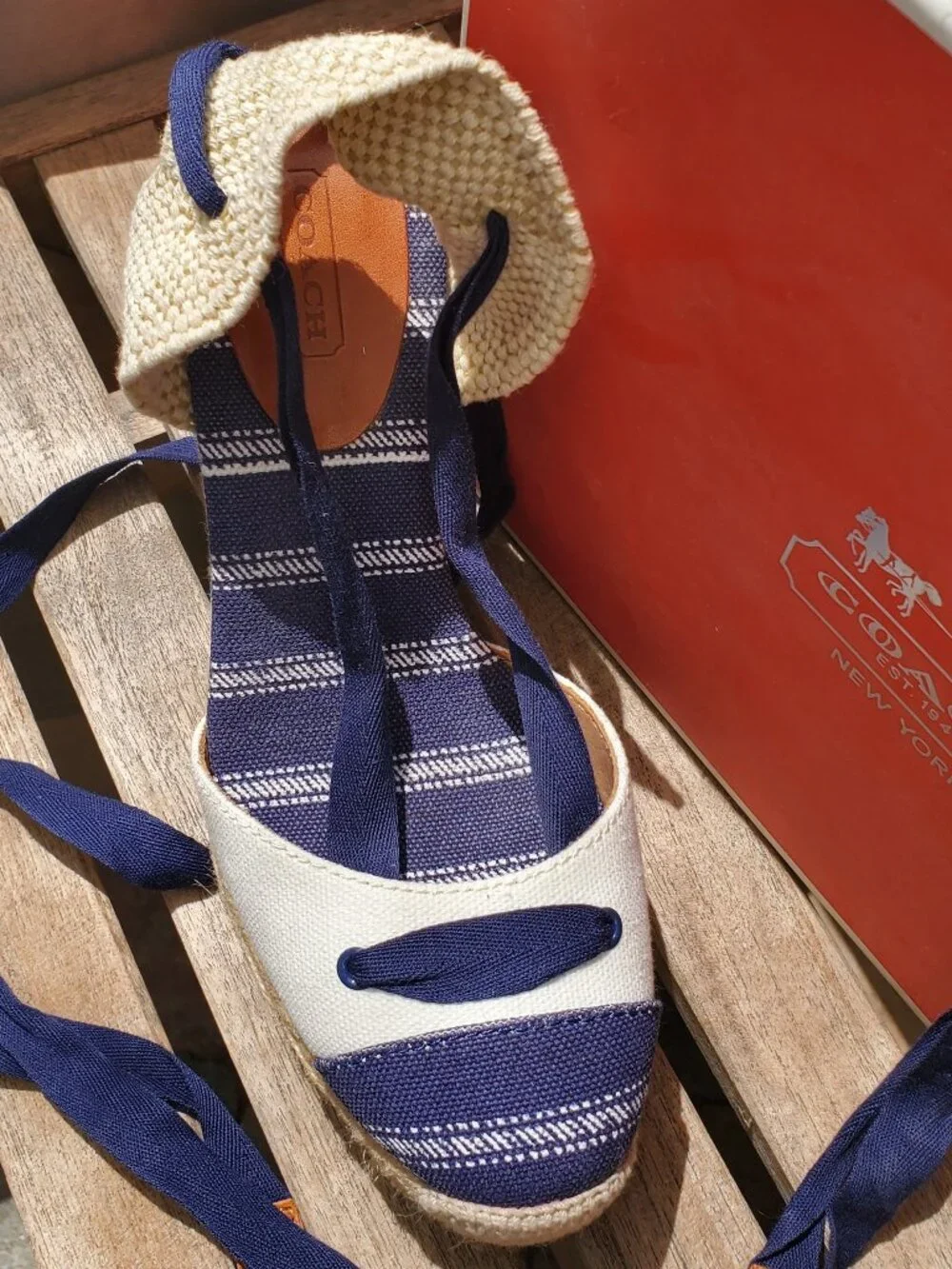 Coach Cream and Blue Ankle Tie Size 6 Wedge Sandals